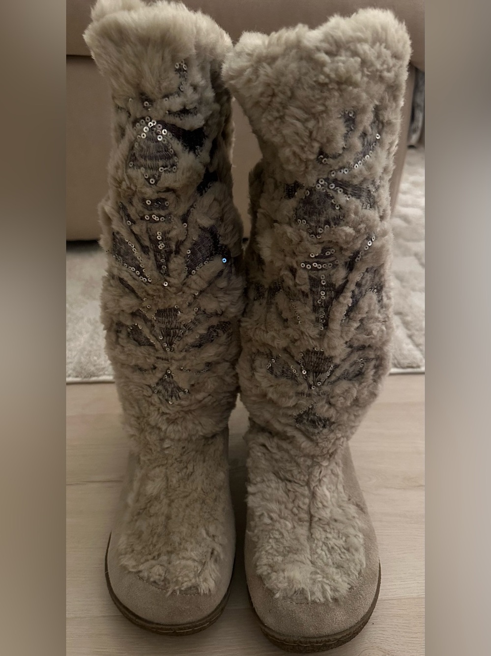 Faux Fur Sequin Embellished Knee Boots - Taupe